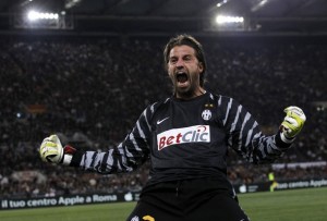 Juventus' goalkeeper Storari celebrates after his teammate Alessandro Matri scored against AS Roma during their Italian Serie A soccer match in Rome