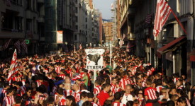 Supporters pf Athletic Bilbao react as t