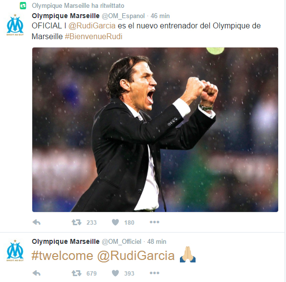 Rudi Garcia al Marsiglia, l'annuncio sul profilo Twitter del club.